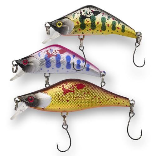 Wounded Duo Sampler 3 Pack – Ultralight Wobble Minnow Crankbait Fishing Lures (55mm & 50mm) – Wounded Series – Single Barb Hooks – Trout, Bass & Panfish Lures