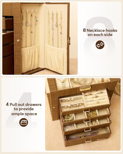 Homde Synthetic Leather Huge Jewelry Box Mirrored Watch Organizer Necklace Ring Earring Storage Lockable Gift Case (Brown + Gold) - color: Brown + Gold