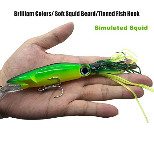 4Pcs Large Simulation Squid Fishing Lures Bait Kit,3D Holographic Eyes，Built-in Multicolored Lead Blocks Through Heavy Duty ，Stable and Tempting