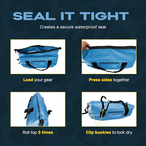 Malo’o Waterproof Dry Duffel, Heavy-Duty Roll Top Waterproof Gear Bag with Shoulder Strap & Molle Loops, Marine Duffel for Kayaking, Boating, Camping, Beach & Travel, Blue, 60L - color: Blue, size: 60L