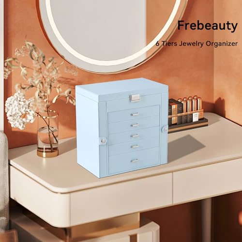 Frebeauty Large Jewelry Box,6-Tier PU Leather Jewelry Organizer,Multi-functional Storage Case with Mirror,Accessories Holder with 5 Drawers for Necklace Bracelets Watches(Sky Blue) - color: Sky Blue, size: Large