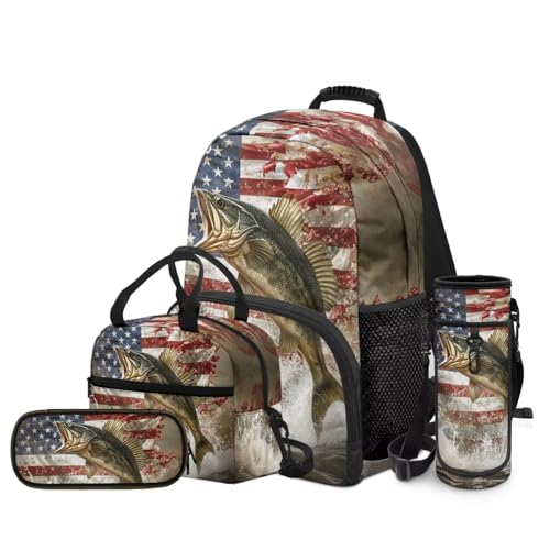 Bass Fishing Backpack 4 Pieces American Flag School Backpack with Lunch Bag Handbag Pencil Case Water Bottle Sling Bag Elementary Middle Rucksack Travel Bookbag - color: American Flag Bass Fish