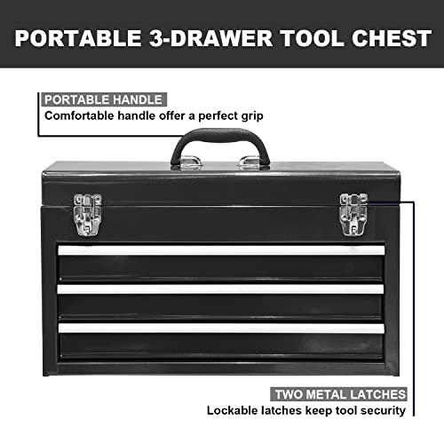 BIG RED 3 Drawer 20“ Metal Tool Box Portable Steel Tool Chest with Metal Latch Closure for Garage, Home and Workbench,Black,ANTBD133-XT - color: Black, size: 20.5 Inch