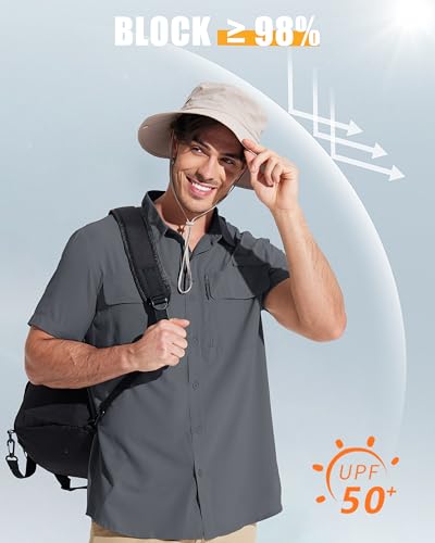 MAGCOMSEN Men's Fishing Shirts UPF 50+ Short Sleeve Sun Protection Shirts Quick Dry Cooling Button Down Shirt Hiking Safari - color: Dark Grey, size: Large