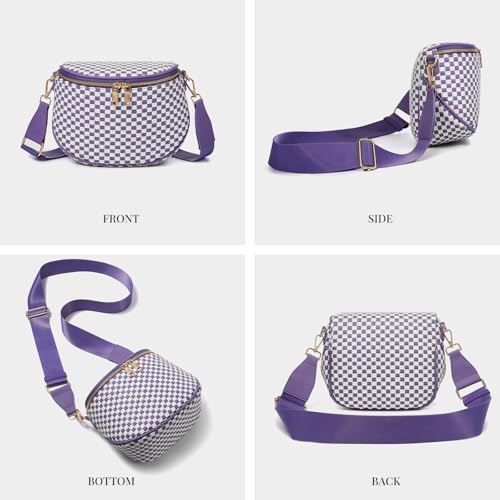 Woven Vegan leather Crossbody Bags For Women, Checkered Fashion PU Bum Bag Waist Pack, Travel Sling Purse with Adjustable Strap（Cloudy Purple) - color: White and Cloudy Purple