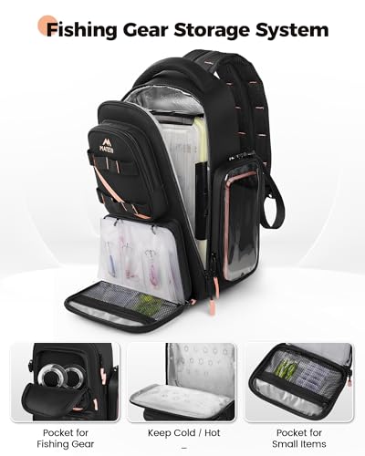 MATEIN Fishing Sling Bag with Lure Rod Holder & Phone Pouch, Waterproof 3600 Tackle Box Backpack with Removable Bait Binder - color: Black-pink