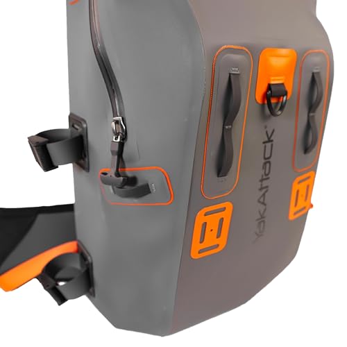 YakAttack 28L DryPak Waterproof Backpack - Grey/Orange | Floating Marine Dry Bag Pack with Padded Straps for Kayaking, Fishing & Hiking | 10" x 22" x 12" | Lightweight Outdoor Gear & Storage Drybag - color: Grey/Orange, style: Drypak
