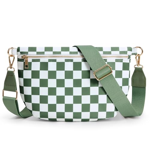 KALIDI Checkered Crossbody Bags for Women Travel Flat Fanny Packs for Woman Men Nylon Cross Body Purse Fashion Belt Bum Bag - color: Beans Green Checkered