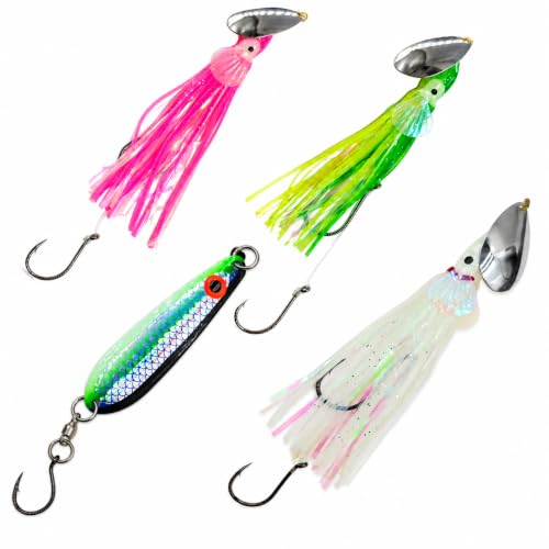 King COHO Humpy Sockeye Salmon Stealhead Squid Skirt Spinner Lure UV Gill Double Hooks or Trolling Fishing - color: Pink, Green, White, Metallic Green