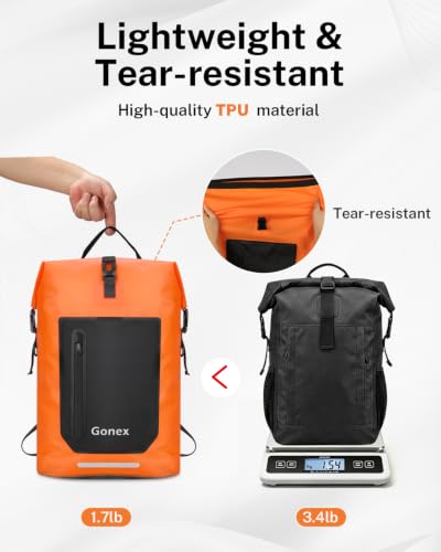 Gonex Waterproof Ultralight TPU Backpack 55L Roll Top Dry Bag, Kayaking | Back Padding, Camping, Fishing, Travel, Adjustable Straps, External & Internal Storage Pockets, Orange - color: Orange, size: 55L