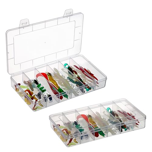 JUXYES 2Pack Plastic Small Fishing Tackle Box Organizer with 6 Compartments, Clear Mini Fishing Tackle Storage Boxes with Dividers, Transparent Fish Pocket Tackle Storage Box Lure Box