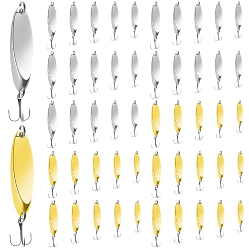 Fishing Lures Fishing Spoons, 5pcs/25pcs/30pcs/50pcs Trout Lures Bass Lures Hard Metal Spinner Baits for Salmon Bass Trout - color: Gold and Silver-50pcs