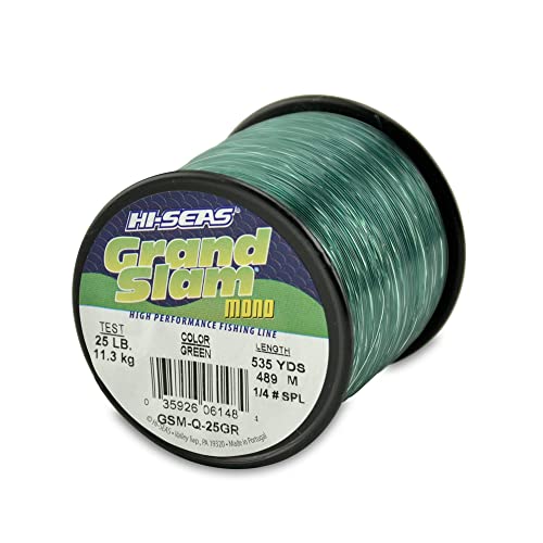 HI-SEAS Grand Slam Monofilament Fishing Line - Strong & Abrasion Resistant in Clear, Pink, Green, Smoke Blue, Fluorescent Yellow Freshwater & Saltwater – Quarter Pound Spool - color: Green, style: 25 Lb Test, 0.50 Mm Dia, 535 Yd