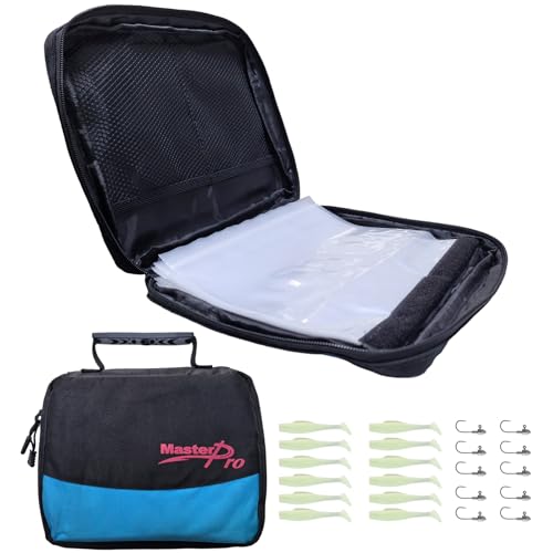 MASTERPRO Fishing Soft Lure Storage Bag with 10 Single Detachable Washable Plastic Pocket Sleeves, for Fishing Tackle Rigs Lines Baits Binder Bag Organizer - color: T-tail Luminous
