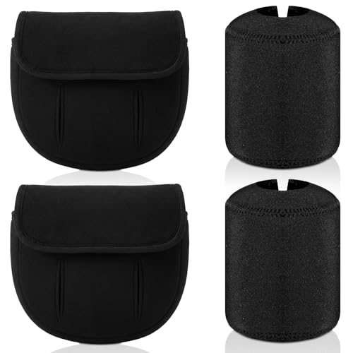 2 Pcs Black Spinning Reel Cover Fishing Reel Case Bag Gloves and 2 Pcs Black L Size Rubber Neoprene Protective Cover Soft Adjustable Case Pouch Sleeve Gloves Fits 2000-3000 Size