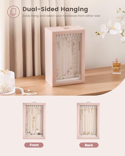 Lolalet Upgraded Double-Sided Hanging Necklace Organizer Box, Jewelry Display Case with Double-Sided Clear Window for Necklaces Bracelets, Tangle-Free Necklace Storage Box, Pink, 2-Layer 40 Hooks - color: Pink, size: 2-Layer, 40 Hooks