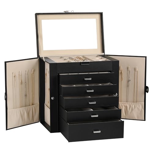 Frebeauty Large Jewelry Box,6-Tier PU Leather Jewelry Organizer,Multi-functional Storage Case with Mirror,Accessories Holder with 5 Drawers for Necklace Bracelets Watches(Black) - color: Black, size: Large
