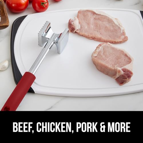 GORILLA GRIP BPA-Free Patented Dual-Sided Meat Tenderizer Tool, Soft Comfortable Handle with Hanging Hole, Heavy Duty Kitchen Mallet for Steak Beef Fish, Chicken Cutlet Pounder, Dishwasher Safe, Red - color: Red