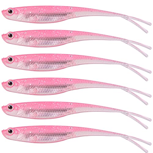 Dr.Fish Soft Plastic Baits, Fork Tail Soft Jerkbait Minnow Lures, 3 to 4-3/4 Inches Soft Swimbaits Jerk Shad Baits Crappie Bass Fishing Lures - color: Pink, size: 4.75"-5 Pack