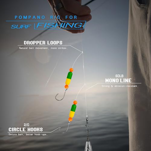 Pompano Rig Saltwater Surf Fishing Rigs – Double Drop Leader Rigs with Hooks, Floats, Beads & Snap – Easy Pre-Tied Terminal Tackle for Pompano, Whiting, Redfish - color: Assorted Colors–K, size: 6 Pack