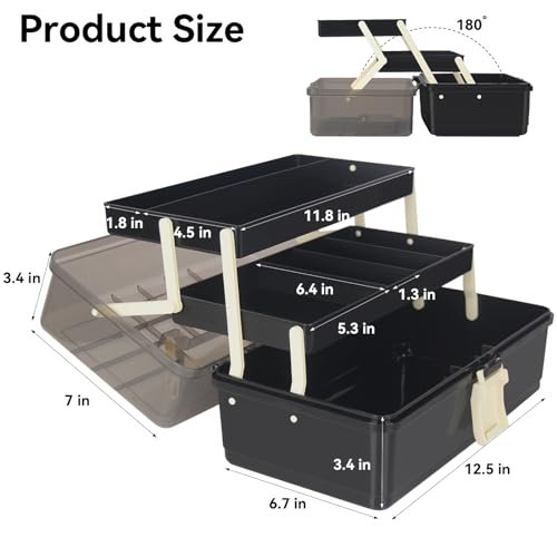 WEWLINE 13-Inch Art Storage Box 3-Layers Plastic Storage Box with Handle Craft Art Bin Portable for Home School Office Travel, Black - color: BLACK