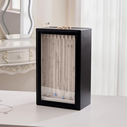 Lolalet Necklace Organizer Box, Jewelry Storage Box with Clear Window for Necklaces Bracelets, Tangle-Free Necklace Display Case for Women Girls, Black, 3 Layers 30 Hooks - color: Black, size: 3 Layers, 30 Hooks
