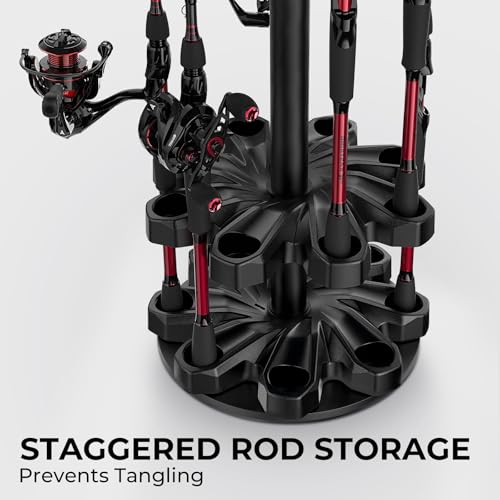 KastKing V16 Rotating Fishing Rod Holder for Garage, Floor Rack Holds Up to 16 Rods & Combos, Space-Saving Pole Organizer with Foam, Durable ABS, Fishing Gear Storage Gift for Men - size: V16 with Rotating Base