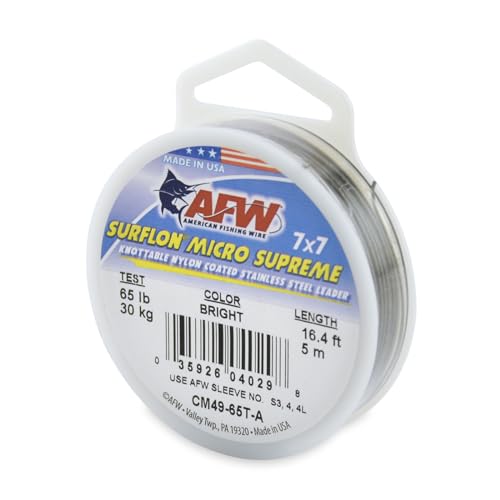 American Fishing Wire Surflon Micro Supreme Nylon Coated 7x7 Stainless Steel Leader Wire - Knottable Wire Leaders for Fishing Saltwater, Fly Fishing, 13lb Test - 90lb Test, Bright, Black & Camo Colors - color: Bright, style: 5 Meter, 65 Pound Test