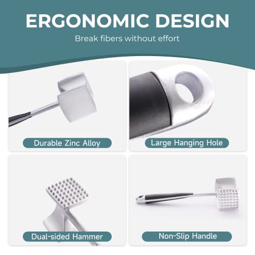 KITEXPERT Meat Tenderizer Hammer with Comfortable-Grip Handle, Dual-side Mallet for Kitchen, Heavy Duty Pounder For Tenderizing Steak, Beef and Fish - color: Silver
