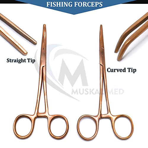 Set of 2 Curved & Straight 6.25" Hemostat Set (Rose Gold) - Stainless Steel Locking Tweezer Clamps - Ideal Hemostats for Nurses, Fishing Forceps, Crafts and Hobby