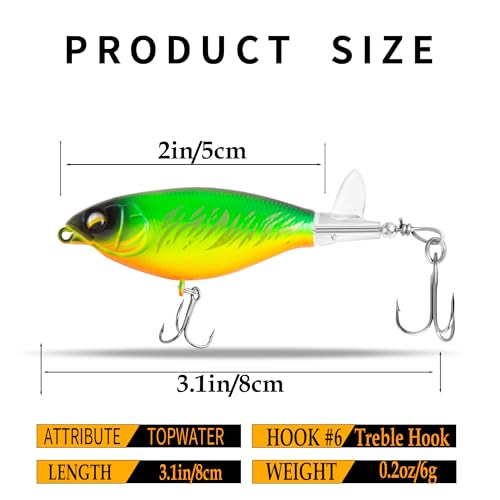 5Pcs Topwater Fishing Lures with Bait Box, Whopper Popper with Rotating Tail Treble Hooks, Plopper Floating Lure for Bass Crappie Walleye Catfish Pike Perch, Freshwater or Saltwater - size: 0.2oz Medium