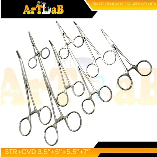 ArtLab-Ultimate Hemostat Forceps Set of 6-Straight & Curved Hemostat Forceps Locking Clamps Stainless Steel Full Serrated Jaws-Ideal for Nurses,Firefighters,Fishing (Set of 8-3.5"+5"+5.5"+7"(Str+Cvd))