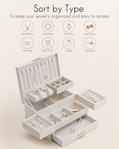 VLANDO 3 Layer Jewelry Box - Women Jewelry Box with Retractable Tray - Jewelry Organizers with Drawer for Necklaces, Rings, Bracelets, Earrings, Valentines Gift for Mom Girls - Cloud White - color: A.Cloud White, size: 3-Layer