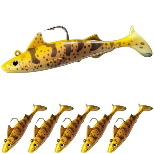 Pristis 6 pcs Sharkita Jig Head Soft Fishing Lures, Plastic Pre-Rigged Paddle Tail Shark Shad Swimbaits, Durable Sinking Worm Bait Set Gear Kit for Saltwater Freshwater Bass Crappie Walleye Trout - color: Galapagos Bullhead Shark