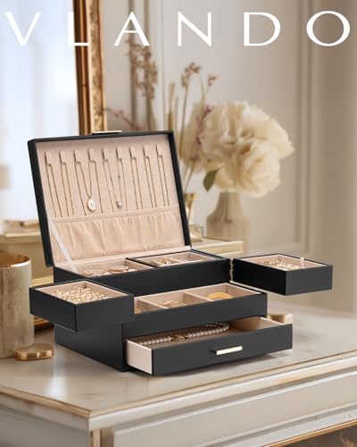 VLANDO 3 Layer Jewelry Box - Women Jewelry Box with Retractable Tray - Jewelry Organizers with Drawer for Necklaces, Rings, Bracelets, Earrings, Gift for Couples Mom Girls - Black - color: C.Black, size: 3-Layer