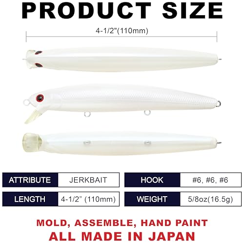 LUCKY CRAFT FlashMinnow 110, Saltwater Fishing Lures, Jerkbait Surf Fishing Accessories and Gear, 1-2 ft Slow Suspending Topwater Lure, Halibut and Bass - color: 701 Pearl White