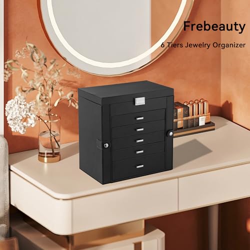 Frebeauty Large Jewelry Box,6-Tier PU Leather Jewelry Organizer,Multi-functional Storage Case with Mirror,Accessories Holder with 5 Drawers for Necklace Bracelets Watches(Black) - color: Black, size: Large