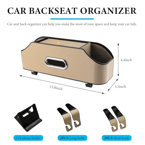 Car Seat Back Organizer with 2 Drink Cup Holder, Headrest Rear Seat Storage Organizer with Tissue Box and Hook, Multi-Functional Backseat Hanging Storage Box for Kids Travel (Beige) - color: Beige