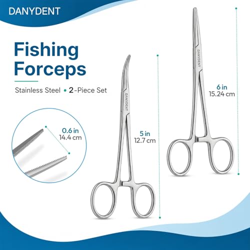 Fishing Forceps Set of 2 – 5 Inch Curved & 6 Inch Straight Stainless Steel Hemostats, Serrated Jaws, 3-Position Locking Mechanism, Lightweight Hook Remover Tool