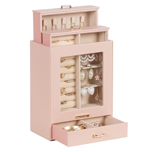 Homde Jewelry Organizer Girls Women Jewelry Box for Necklaces Rings Earrings Gift Bracelets Storage Case (Peach Pink + Gold) - color: Peach Pink + Gold