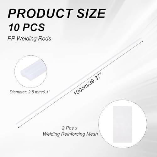 MECCANIXITY 10pcs Plastic Welding Rods, 39 Inch PP Welding Repair Strips Welder Rods with Reinforcing Mesh for Car Bumpers, Kayak Repair, Plastic Welder, White - color: White, size: 1m