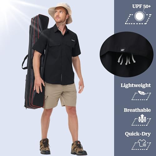 Satankud Fishing Shirts for Men Short Sleeve Sun Protection Cooling Hiking Shirt for Travel Safari Camping Work - color: Black, size: Medium