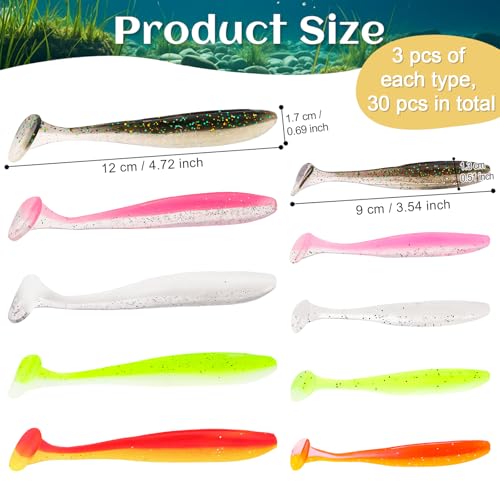 30pcs Soft Plastic Fishing Lures Paddle Tail Swimbaits Soft Baits Lure for Bass Crappie Trout Shad Freshwater Saltwater Fishing Mixed 3.5 Inch 4.7 Inch Swim Bait Kit with Box - color: White, Black, Pink, Orange, Yellow *6