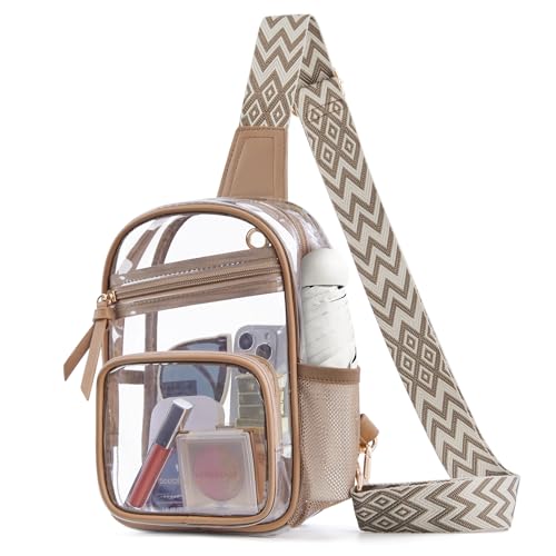 Missnine Clear Bag for Stadium Events Clear Sling Bag Fanny Pack Crossbody Purse for Sport Concert with Side Mesh Pocket - color: J-tan[side Pocket]