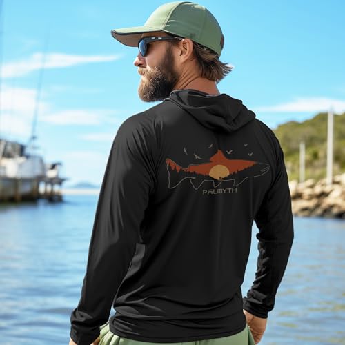 Palmyth Fishing Hoodie for Men Long Sleeve Sun Protection UV UPF 50+ Shirts - color: Black/Endless Stream, size: X-Large