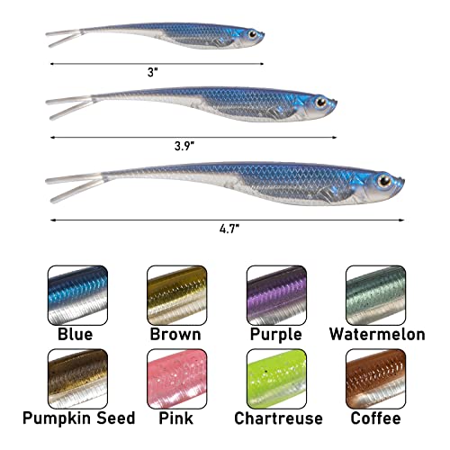 Dr.Fish Soft Plastic Baits, Fork Tail Soft Jerkbait Minnow Lures, 3 to 4-3/4 Inches Soft Swimbaits Jerk Shad Baits Crappie Bass Fishing Lures - color: Blue, size: 3"-6 Pack