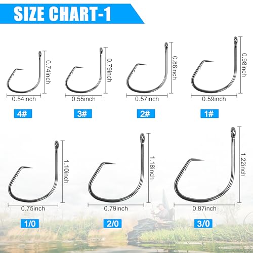 Fishing Circle Hooks Saltwater, 120pcs Catfish Hooks Offset Circle Octopus Fishing Hooks High Carbon Steel Black Nickel 2X Strong Barbed Fishhooks for Bass Trout Catfish Freshwater Size 6#-10/0 - size: 1/0-120pcs