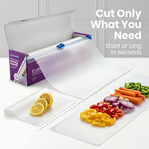 Disposable Cutting Board Sheets with Built-In Sliding Cutter - Flexible Plastic Cutting Boards for Kitchen Meal Prep, Camping, Travel, Tailgating & Commercial Use