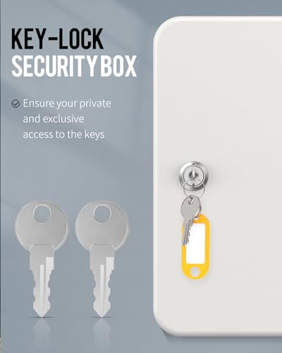Uniclife 28 Position Key Cabinet with Key Lock Wall Mounted White Security Storage Box Steel Key Organizer with Colorful Key Tag Labels Stickers and Hooks - color: White, size: 28-Key
