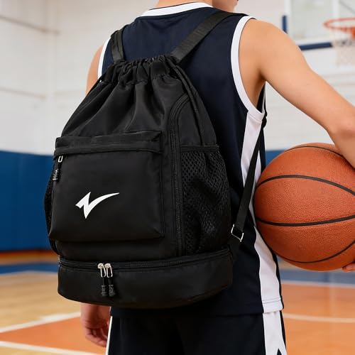 Sport Drawstring Backpack, Gym Bag with Mesh Side Pockets and Separate Shoe Compartment, Water-Resistant (Army-Green) - color: Army-green